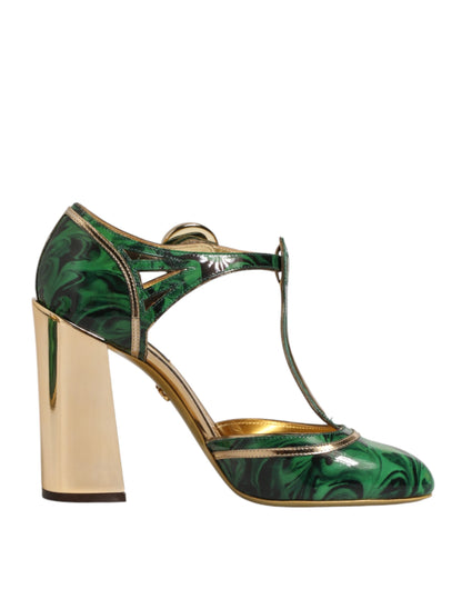 Green Leather T-STRAPS Heels Sandals Shoes