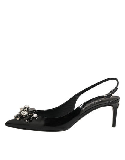 Black Patent Leather Crystal Slingback Shoes