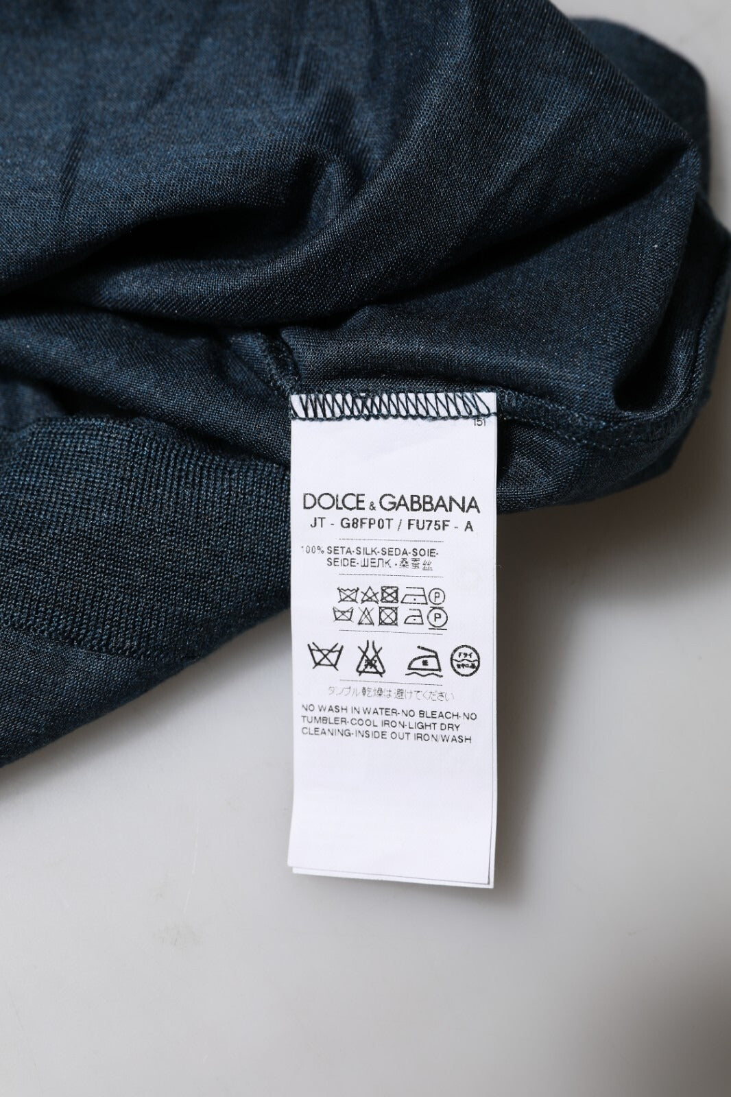 Dark Blue Silk Crew Neck Short Sleeve T-shirt