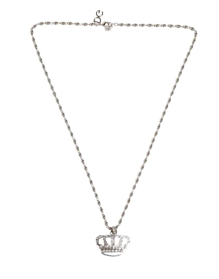 Silver Tone Brass Chain Crown Crystal Pendant  Necklace