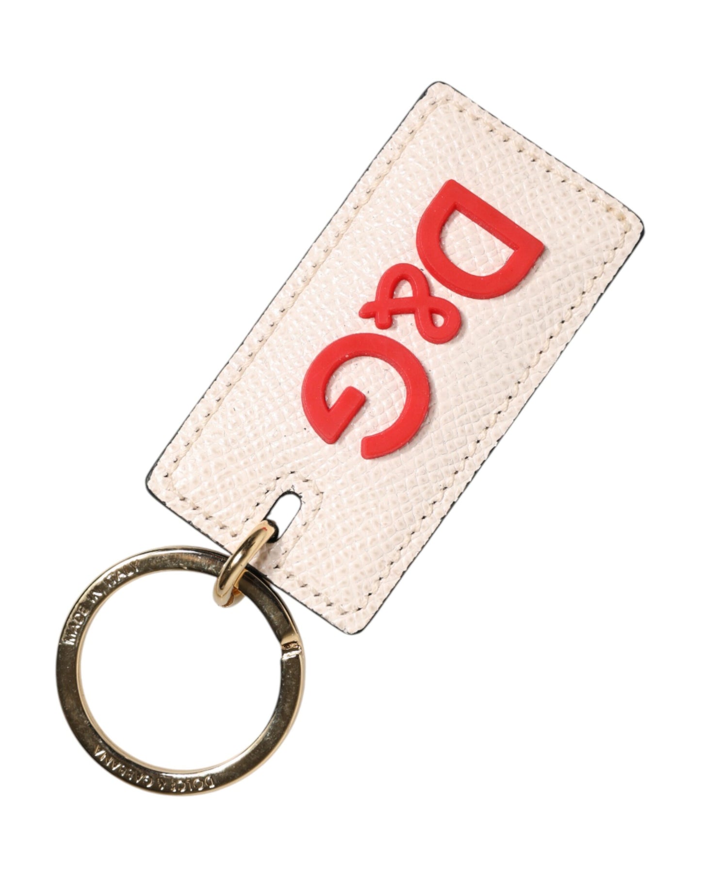 White Calf Leather D&G Logo Metal Ring Keychain Keyring
