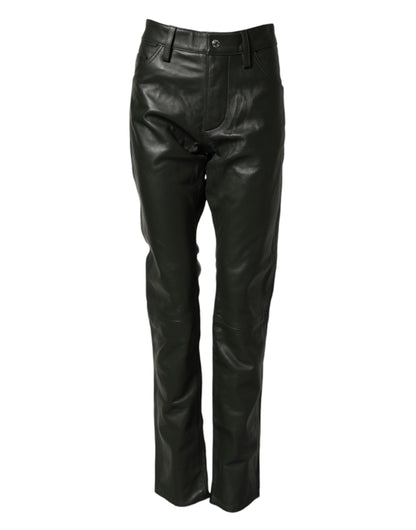 Black Full Grain Leather Mid Waist Trouser Pants