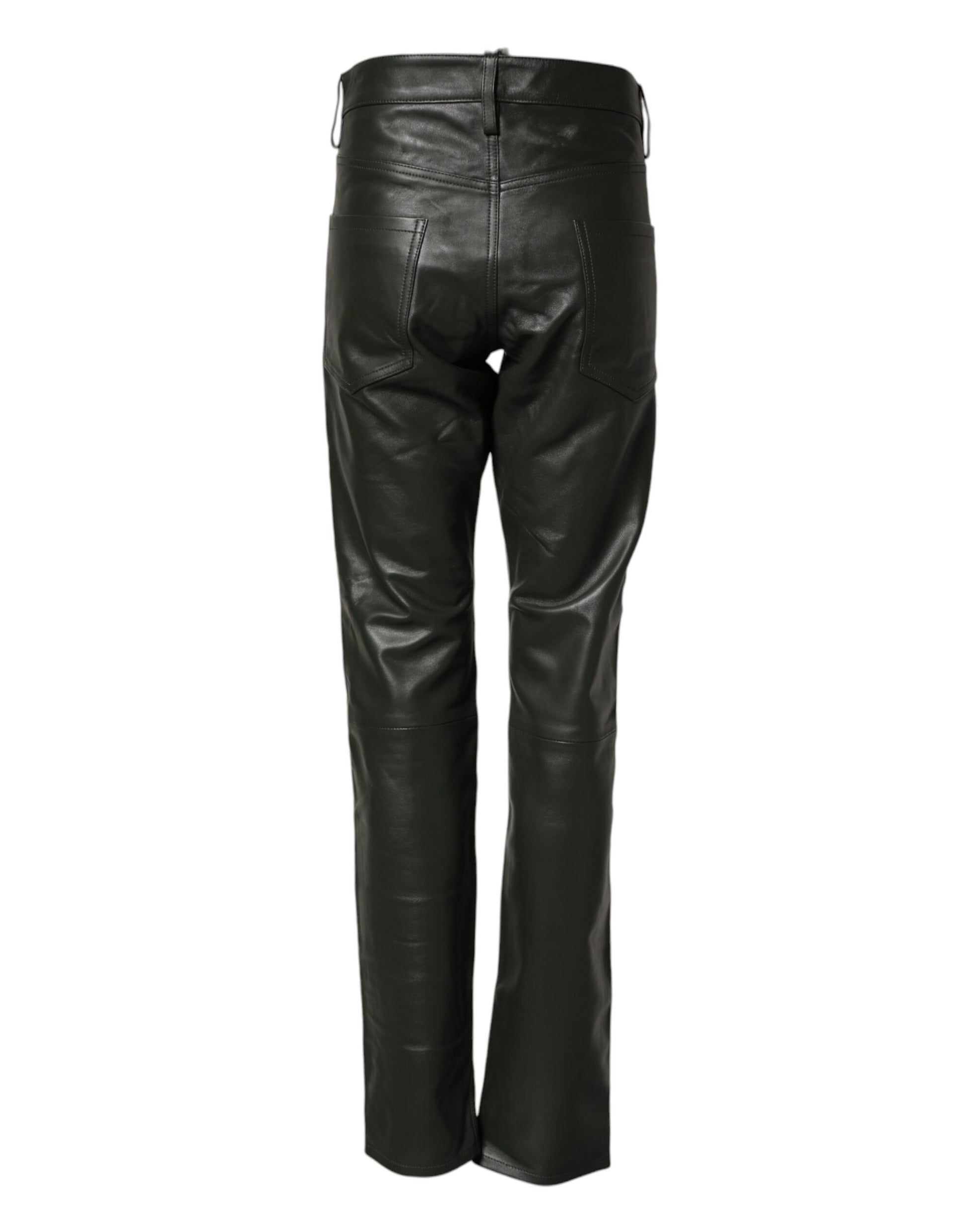 Black Full Grain Leather Mid Waist Trouser Pants