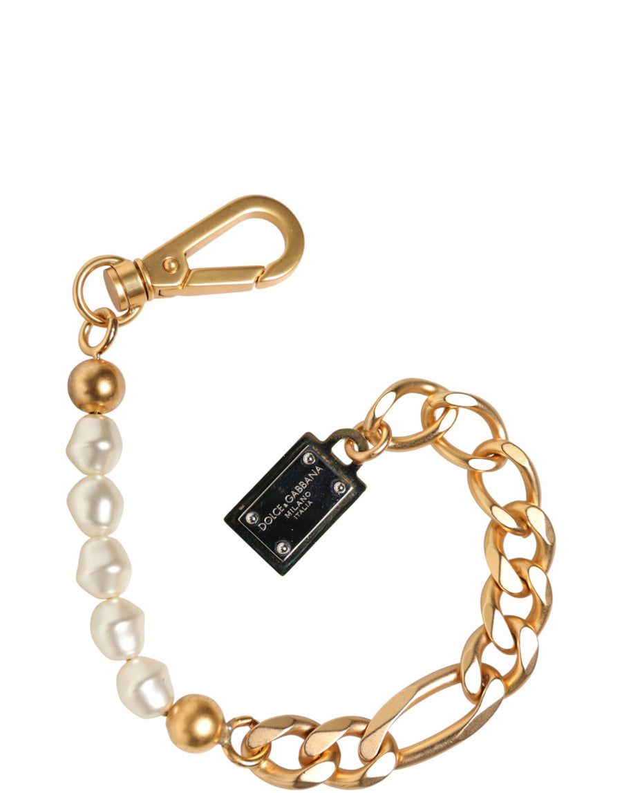 Gold Tone Brass Faux Pearl Logo Embellish Charm Bracelet