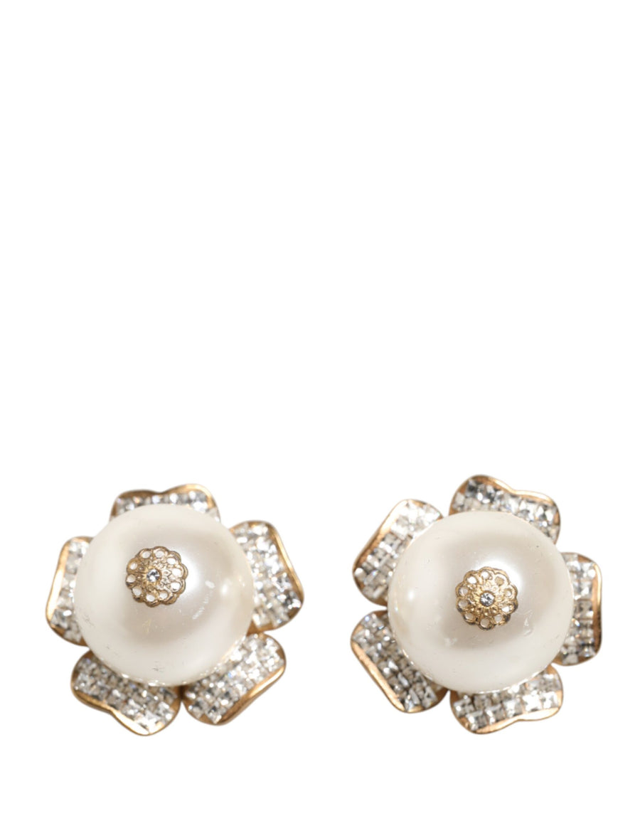 Gold Tone Maxi Faux Pearl Floral Clip-on Jewelry Earrings