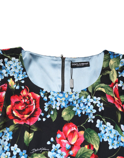 Black Floral Print Viscose Sheath Midi Dress