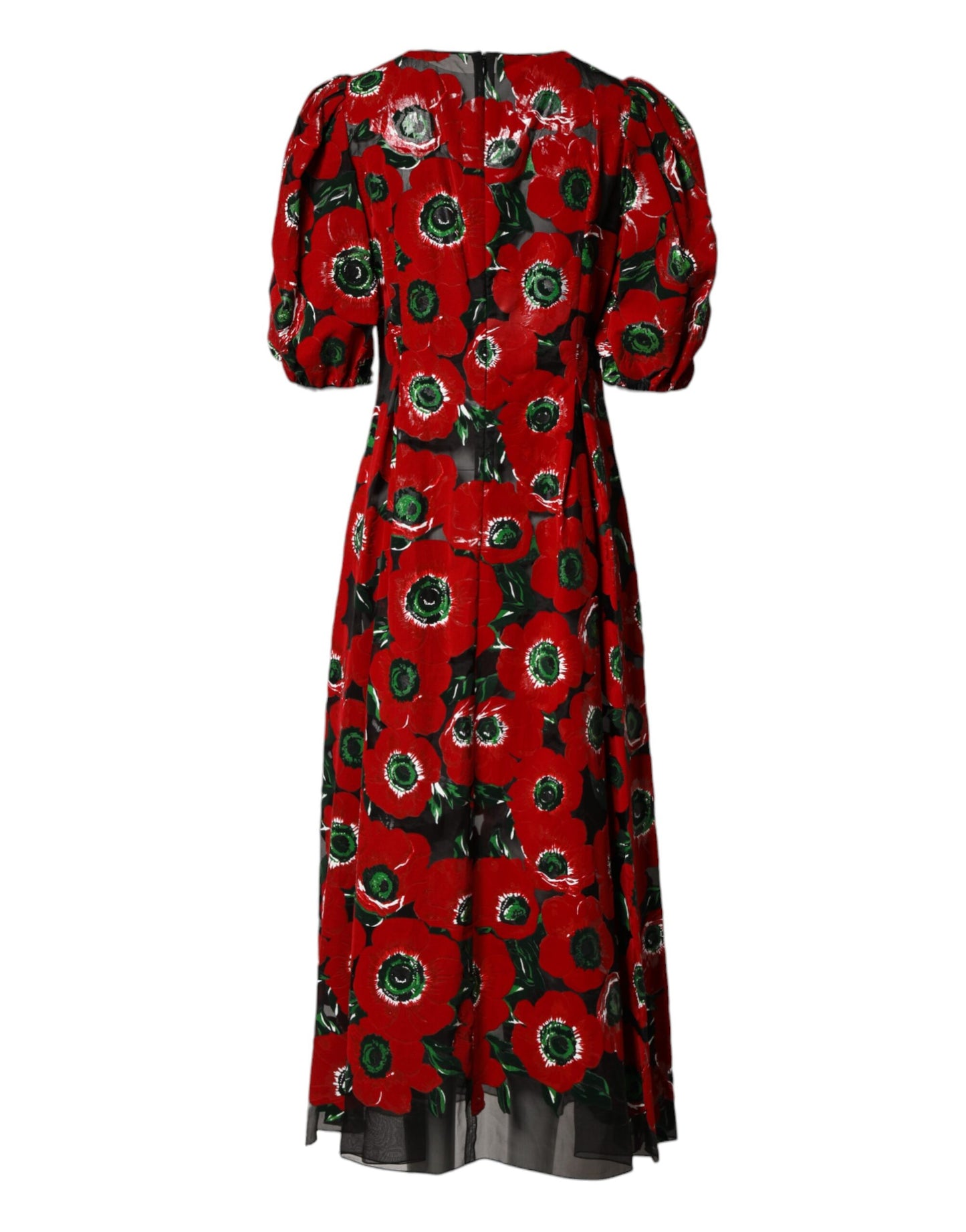 Red Floral Print Nylon A-line Midi Dress