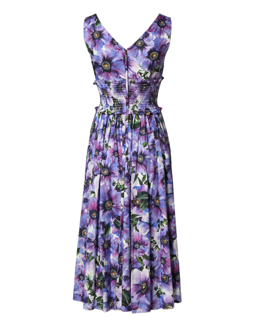Purple Anemone Print Pleated Midi Dress