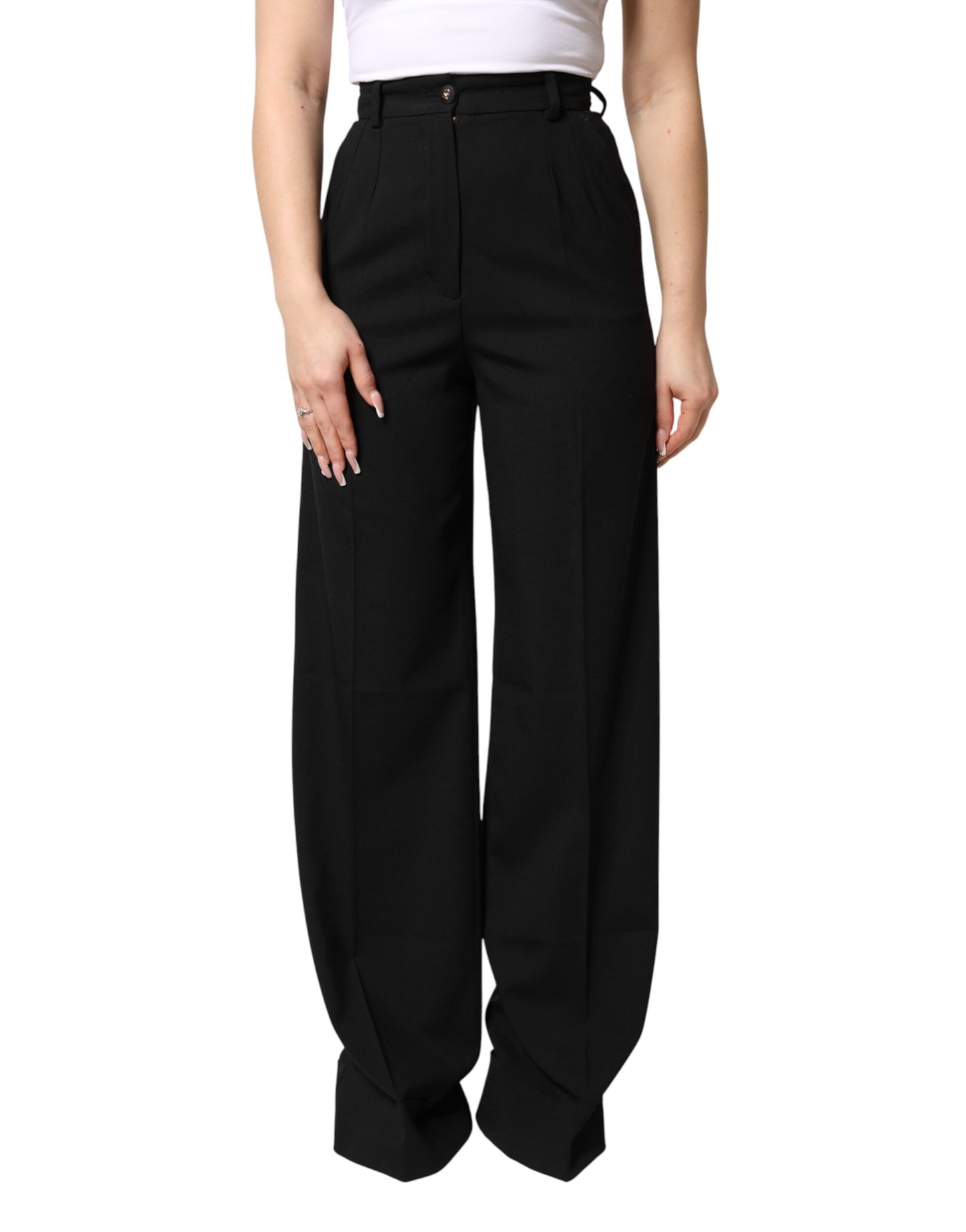 Black Wool Blend Straight High Waist Pants