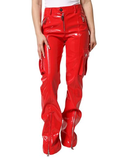 Red Glossy Polyester Cargo Boot Cut Pants