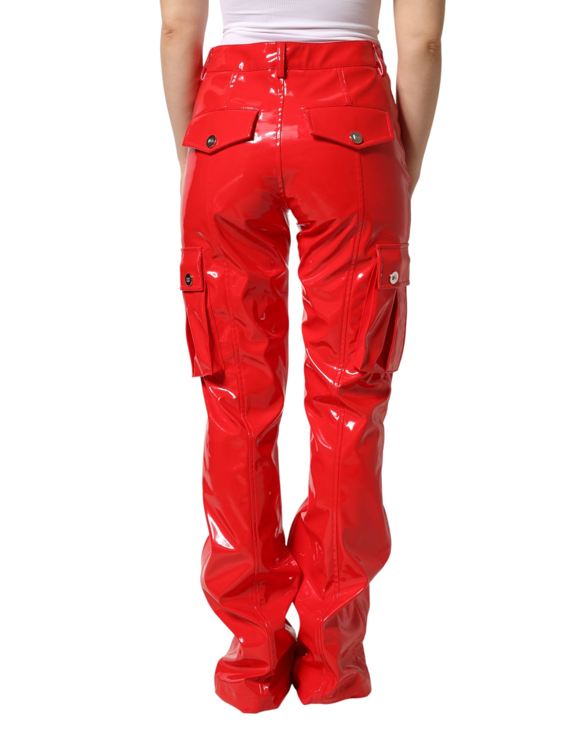 Red Glossy Polyester Cargo Boot Cut Pants