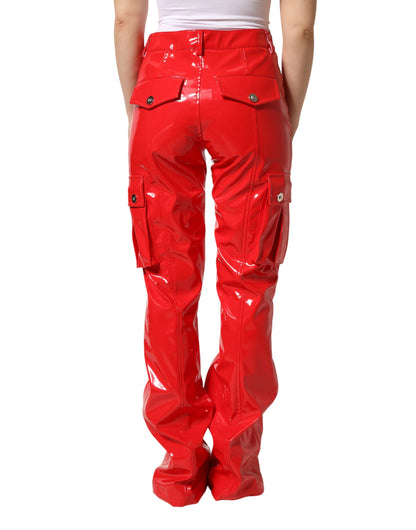 Red Glossy Polyester Cargo Boot Cut Pants