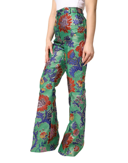 Green Floral Polyester BootCut Trouser Pants