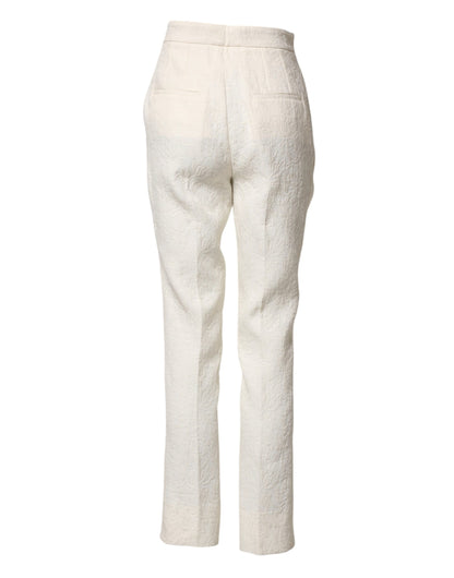 White Cotton Floral Brocade Dress Pants