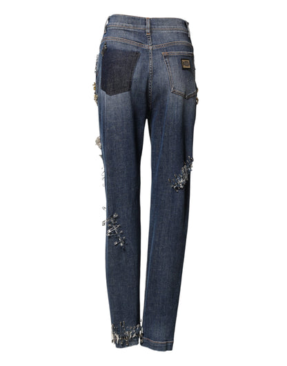 Blue Cotton Rhinestone Embellish Denim Jeans