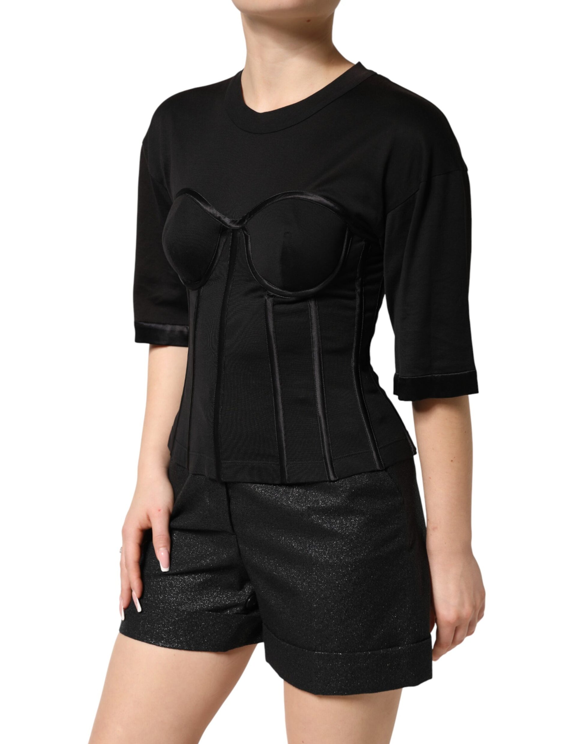 Black Cotton Bustier Corset Short Sleeves T-shirt
