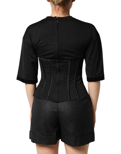 Black Cotton Bustier Corset Short Sleeves T-shirt
