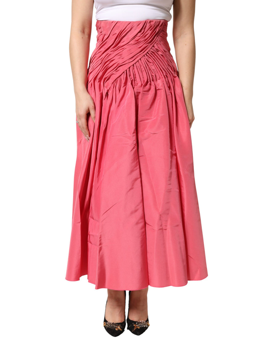 Pink Silk Pleated High Waist Midi Skirt