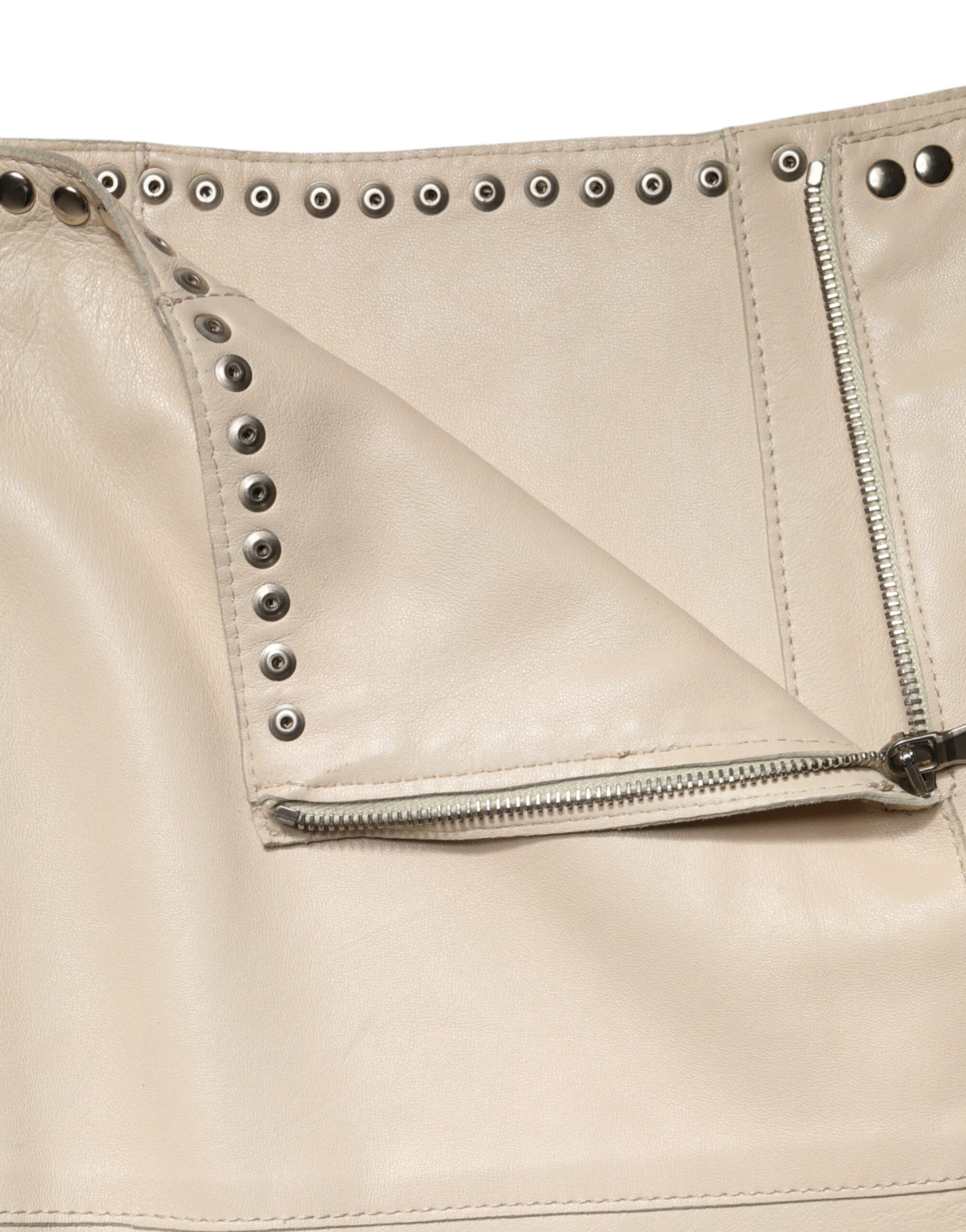 Beige Leather Studs Mid Waist Mini Skirt