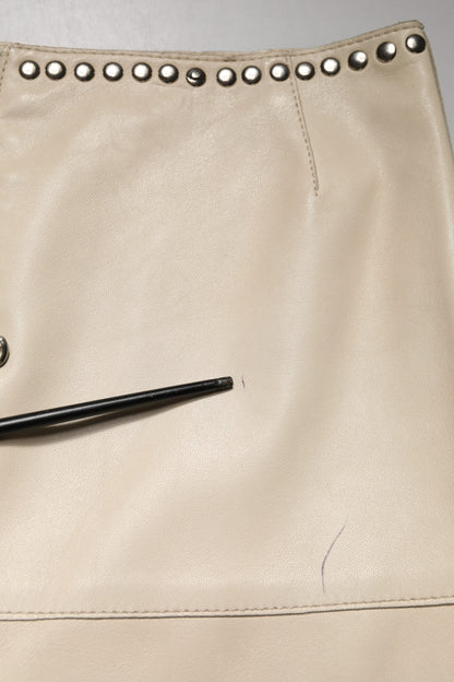 Beige Leather Studs Mid Waist Mini Skirt