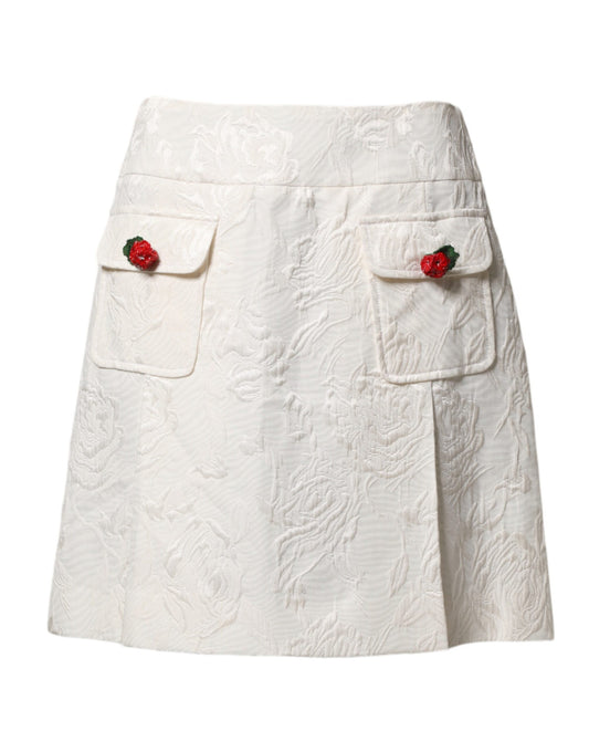 White Floral Brocade High Waist Mini Skirt