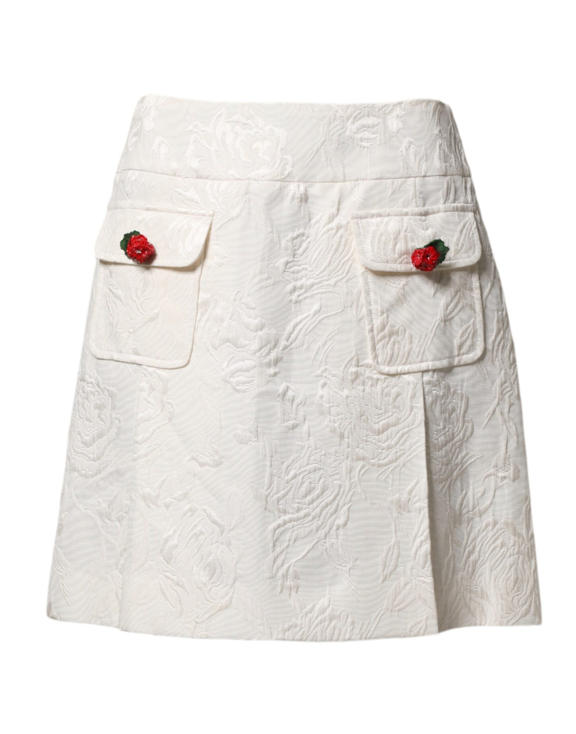 White Floral Brocade High Waist Mini Skirt