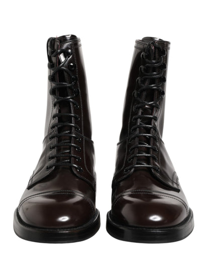 Black Leather Lace Up Mid Calf Boots Shoes