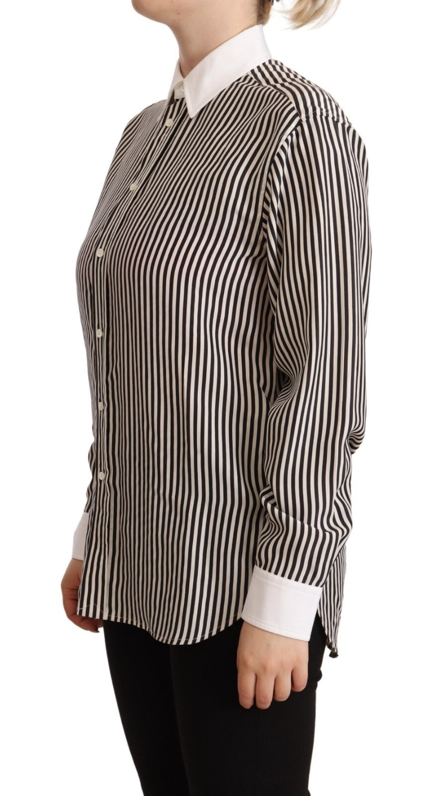 Black White Striped Long Sleeves Collared Top
