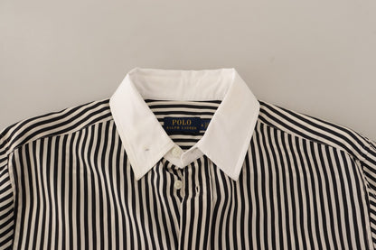 Black White Striped Long Sleeves Collared Top