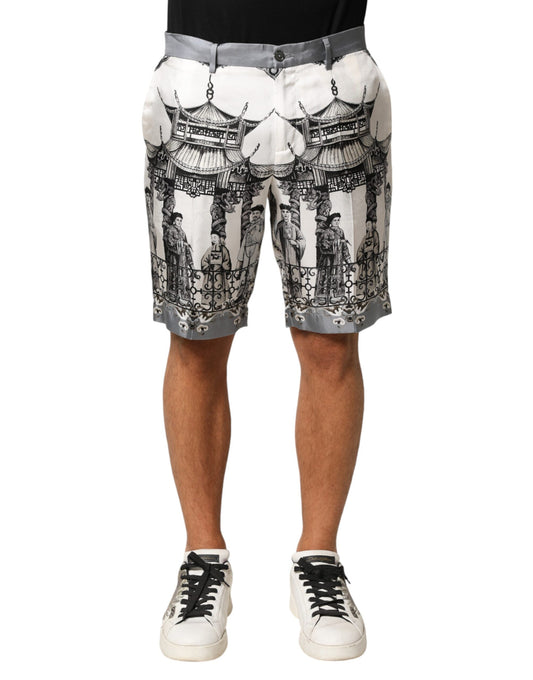 White Japanese Asian Print Silk Bermuda Shorts