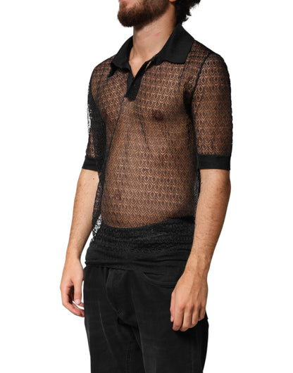 Black Sheer Short Sleeves Casual Polo  Top