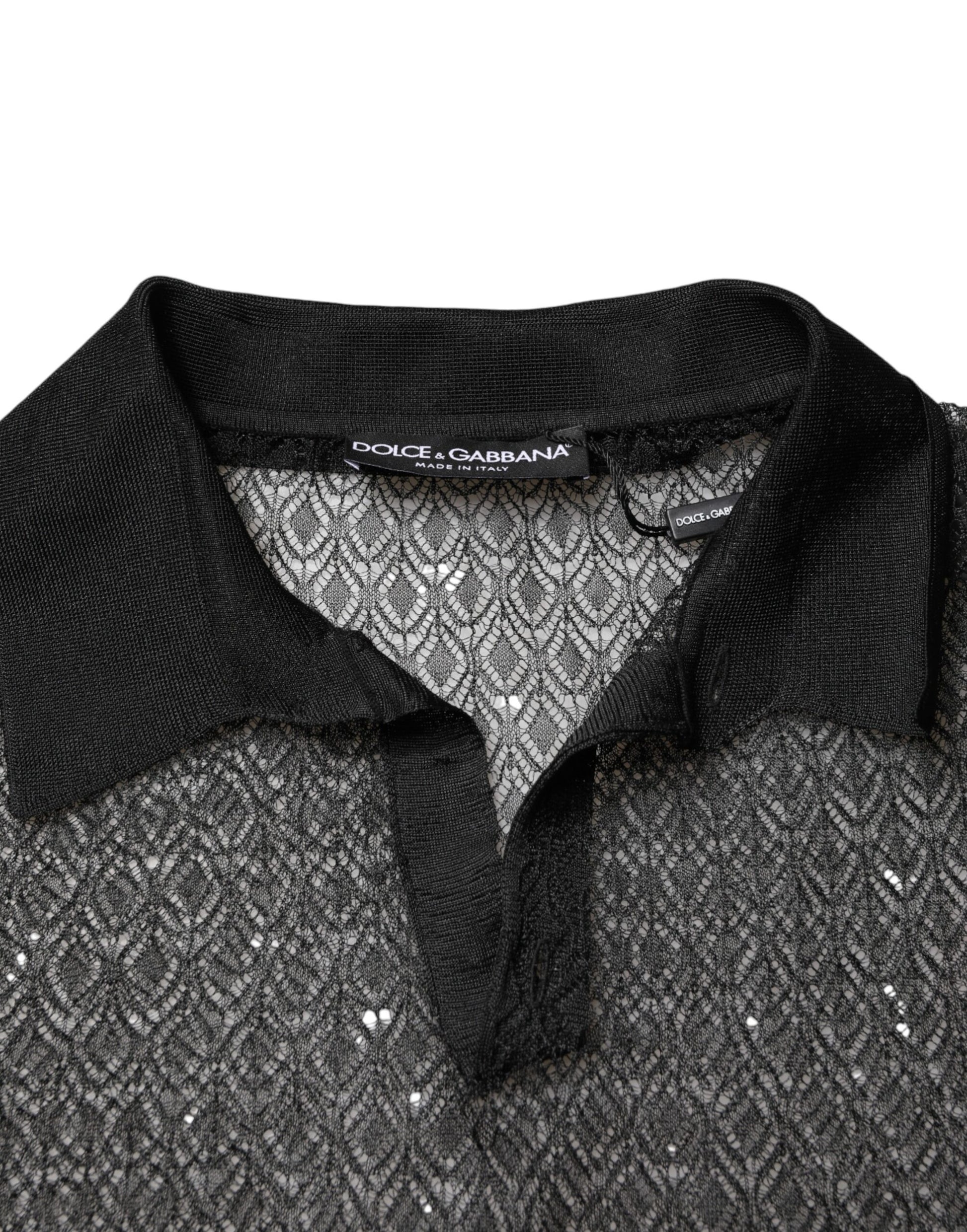 Black Sheer Short Sleeves Casual Polo  Top