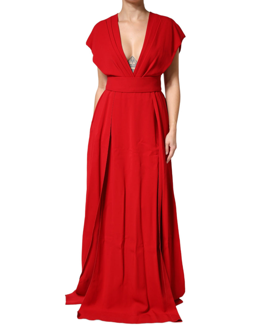 Red Viscose Plunging Neckline Long Maxi Dress