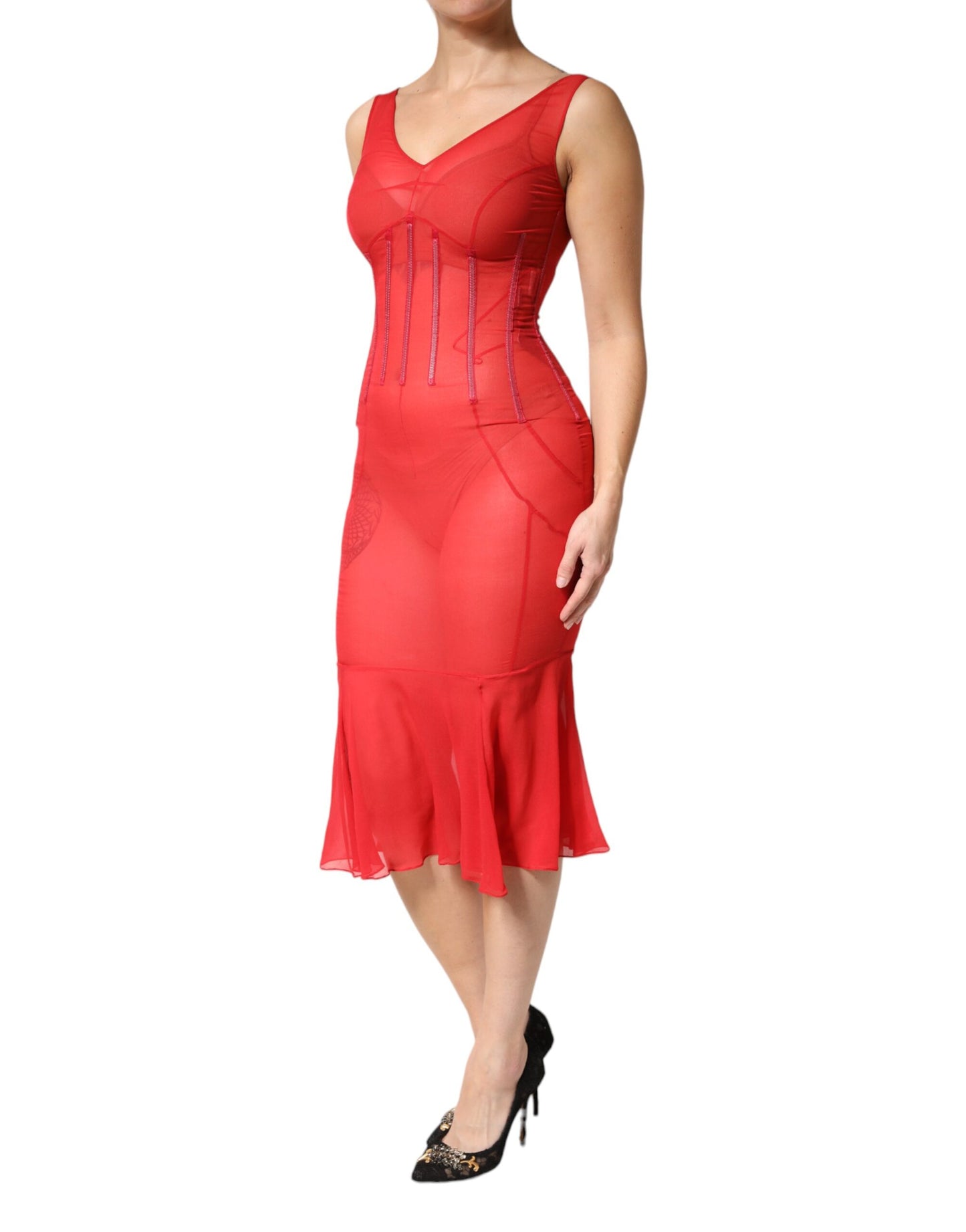 Red Silk Sleeveless Sheath V-neck Midi Dress