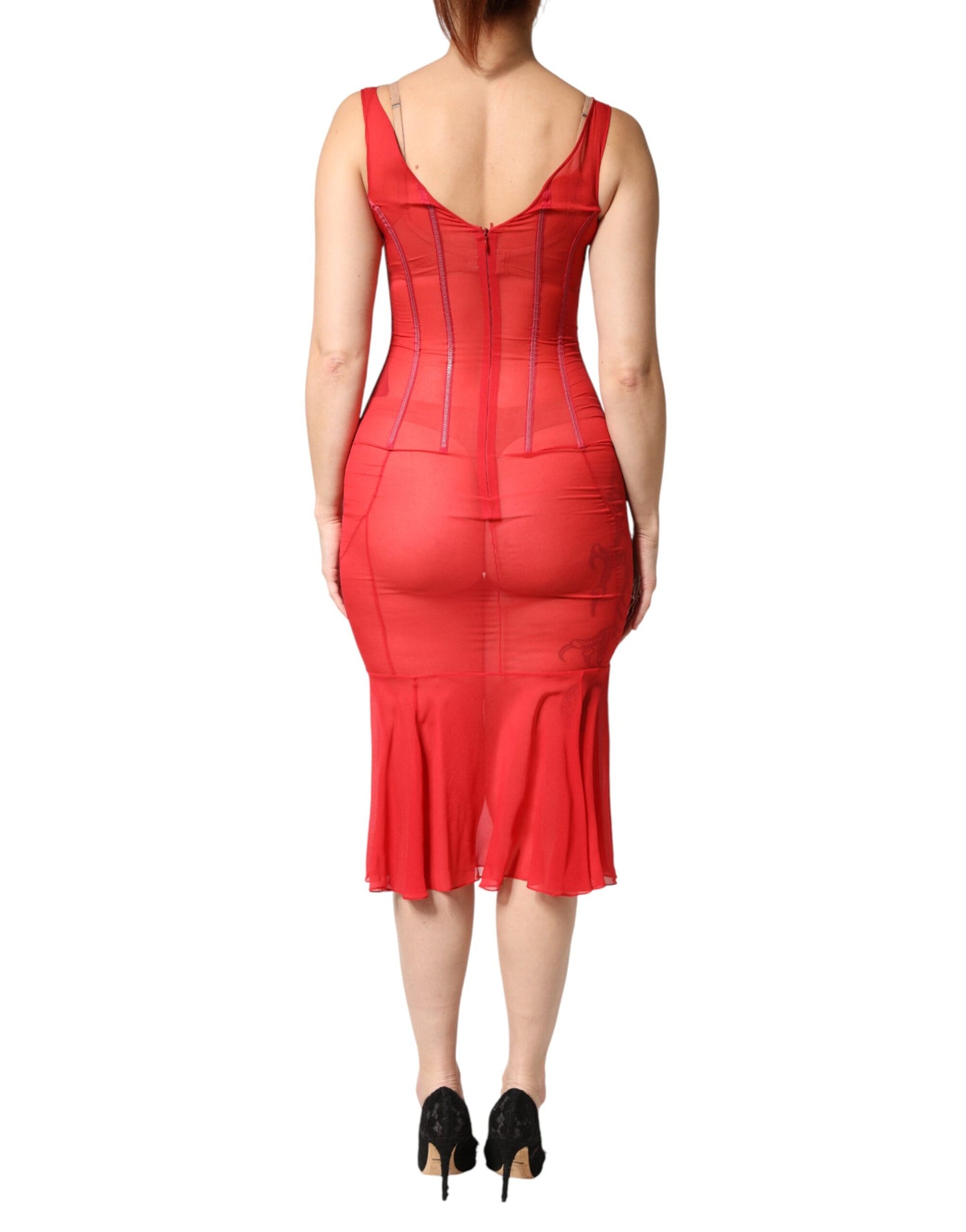 Red Silk Sleeveless Sheath V-neck Midi Dress