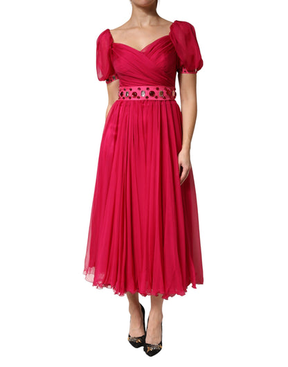Pink Silk Embellished A-line Midi Dress