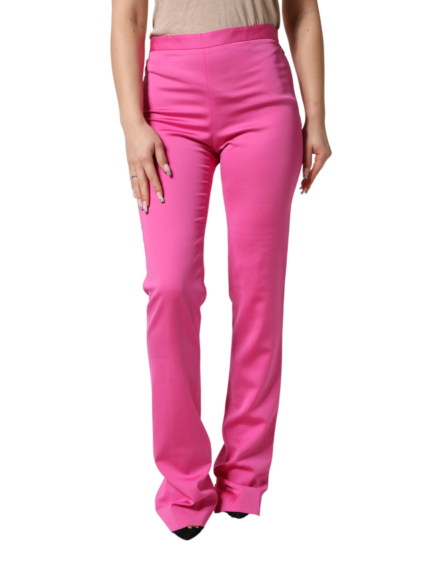 Pink Viscose High Waist Straight Casual Trouser Pants