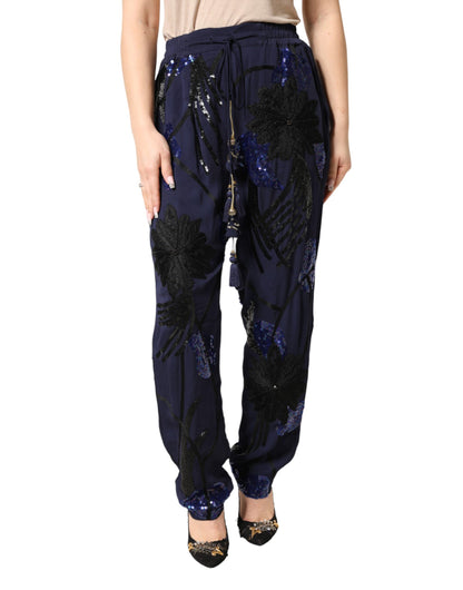 Blue Sequined Tapered Trouser Pants