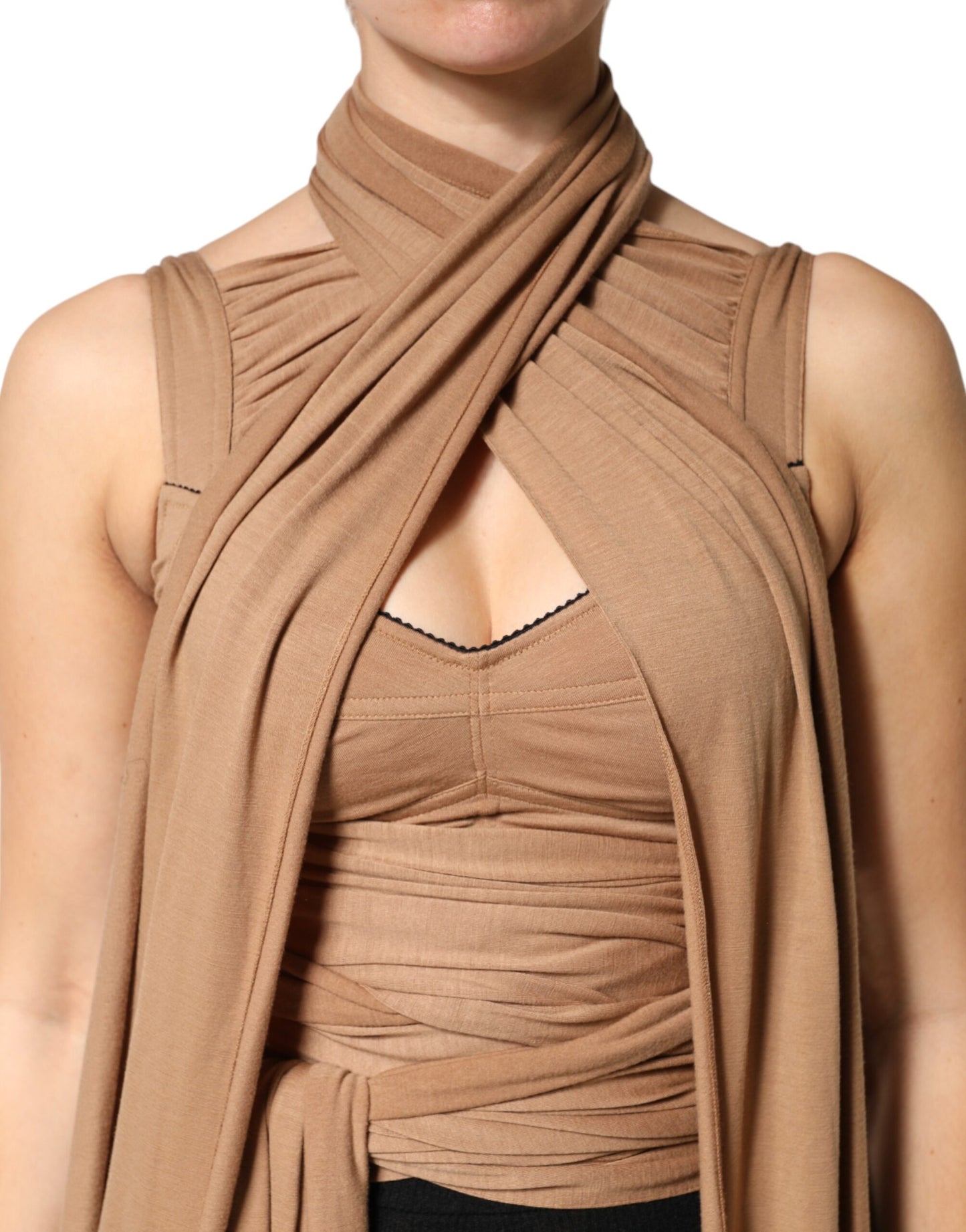 Brown Virgin Wool Sleeveless Scarf Tank Top