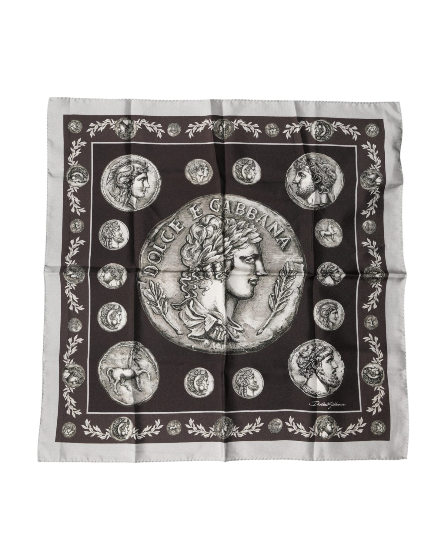 Brown Roman Coin Print Silk Square Foulard Scarf