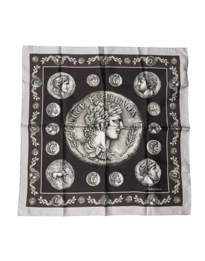 Brown Roman Coin Print Silk Square Foulard Scarf