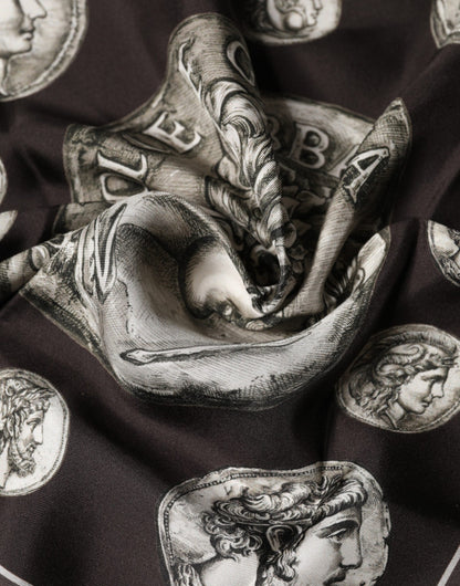 Brown Roman Coin Print Silk Square Foulard Scarf