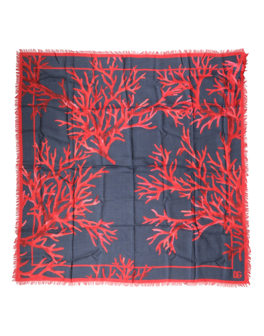 Blue Red Coral Print Square Foulard Men Scarf