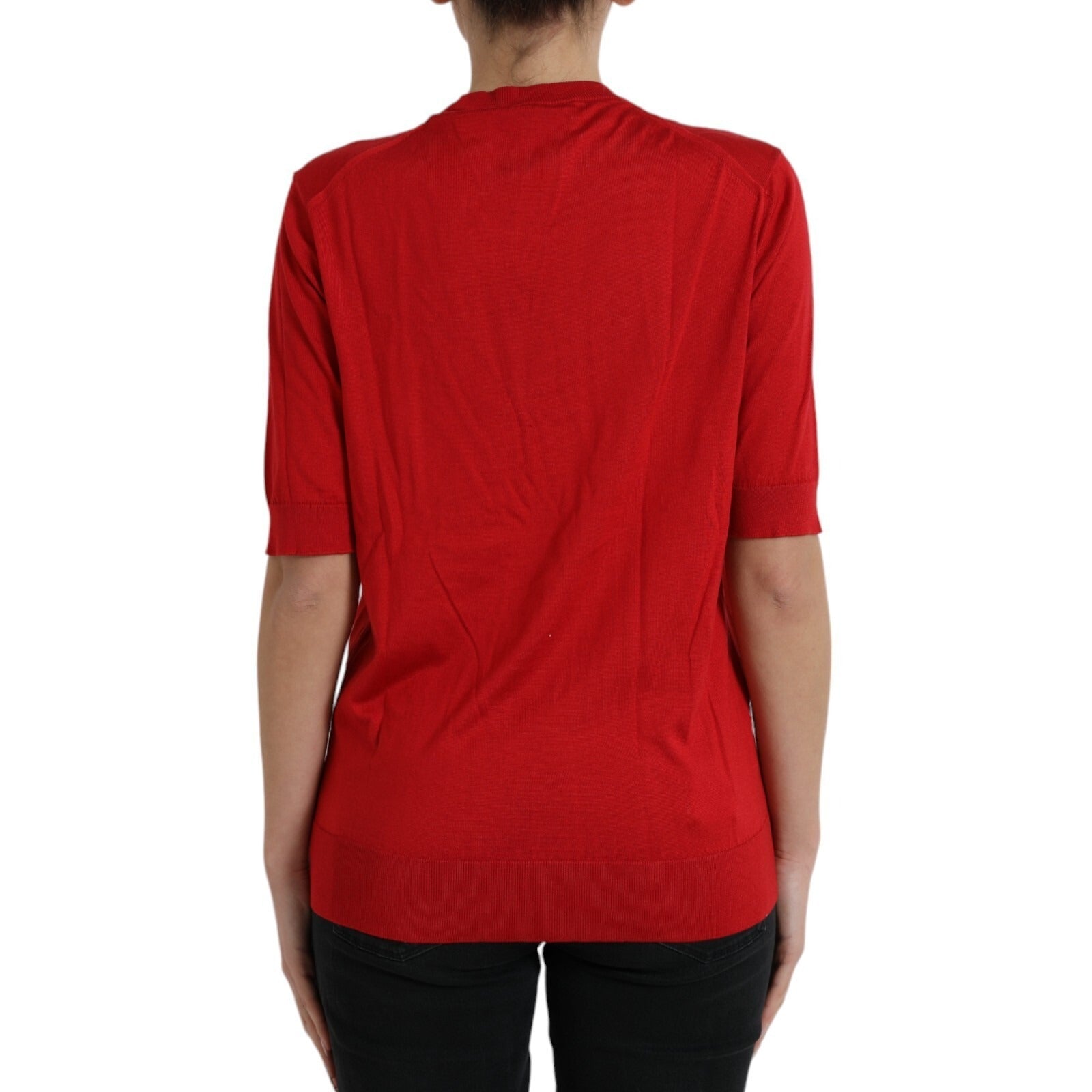 Red Silk Crew Neck Short Sleeves Top T-shirt