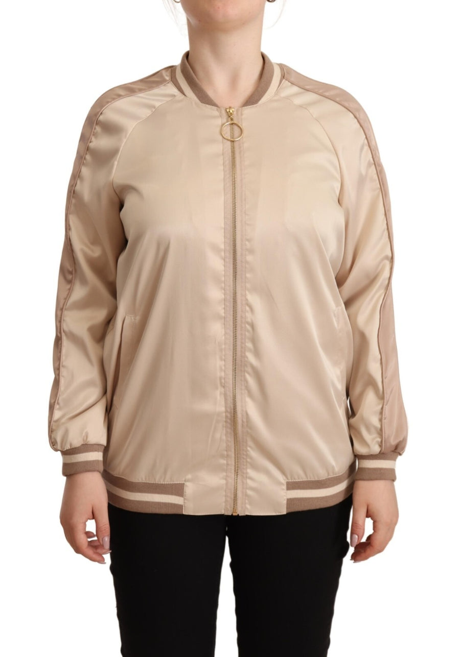 Bomber Full Zip Beige Long Sleeves Polyester Jacket