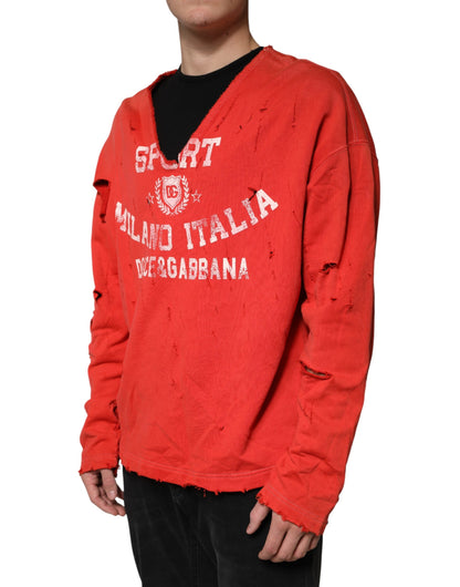 Red Distressed Cotton V-Neck Sweatshirt Men  Sweater