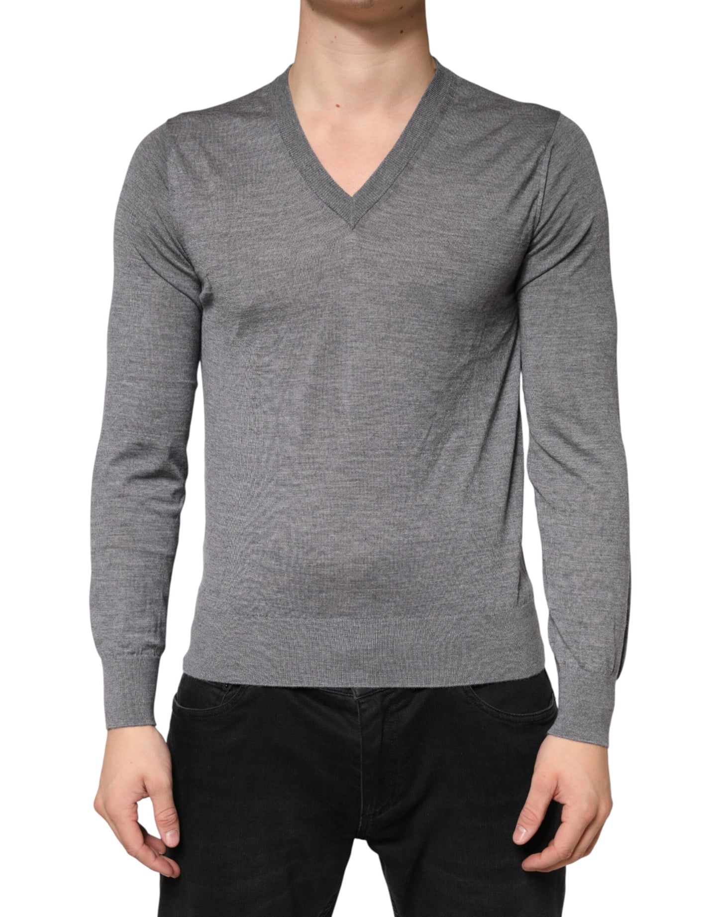 Gray Cashmere V-Neck Men Pullover Sweater