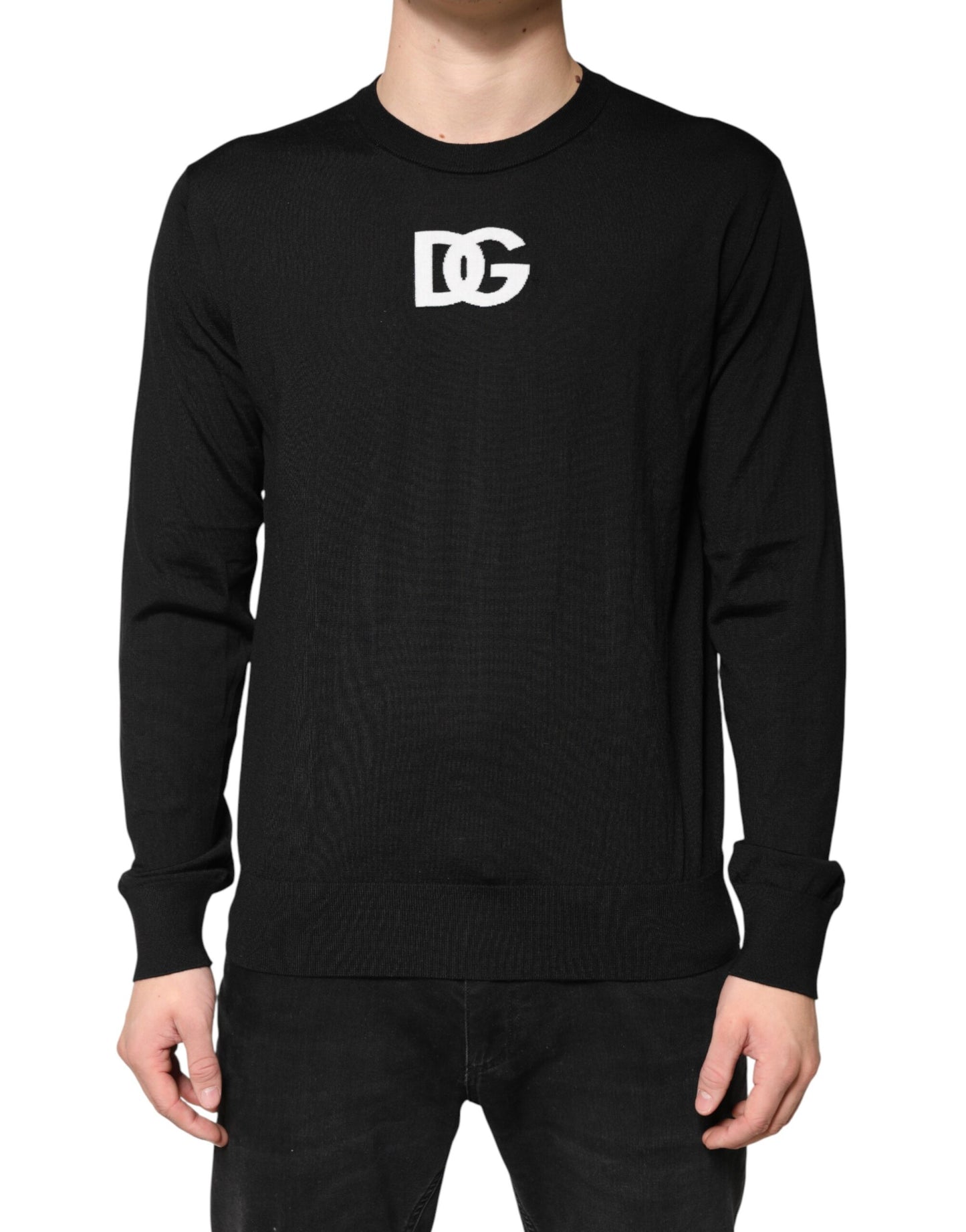 Black Wool DG Crew Neck Men Pullover Sweater