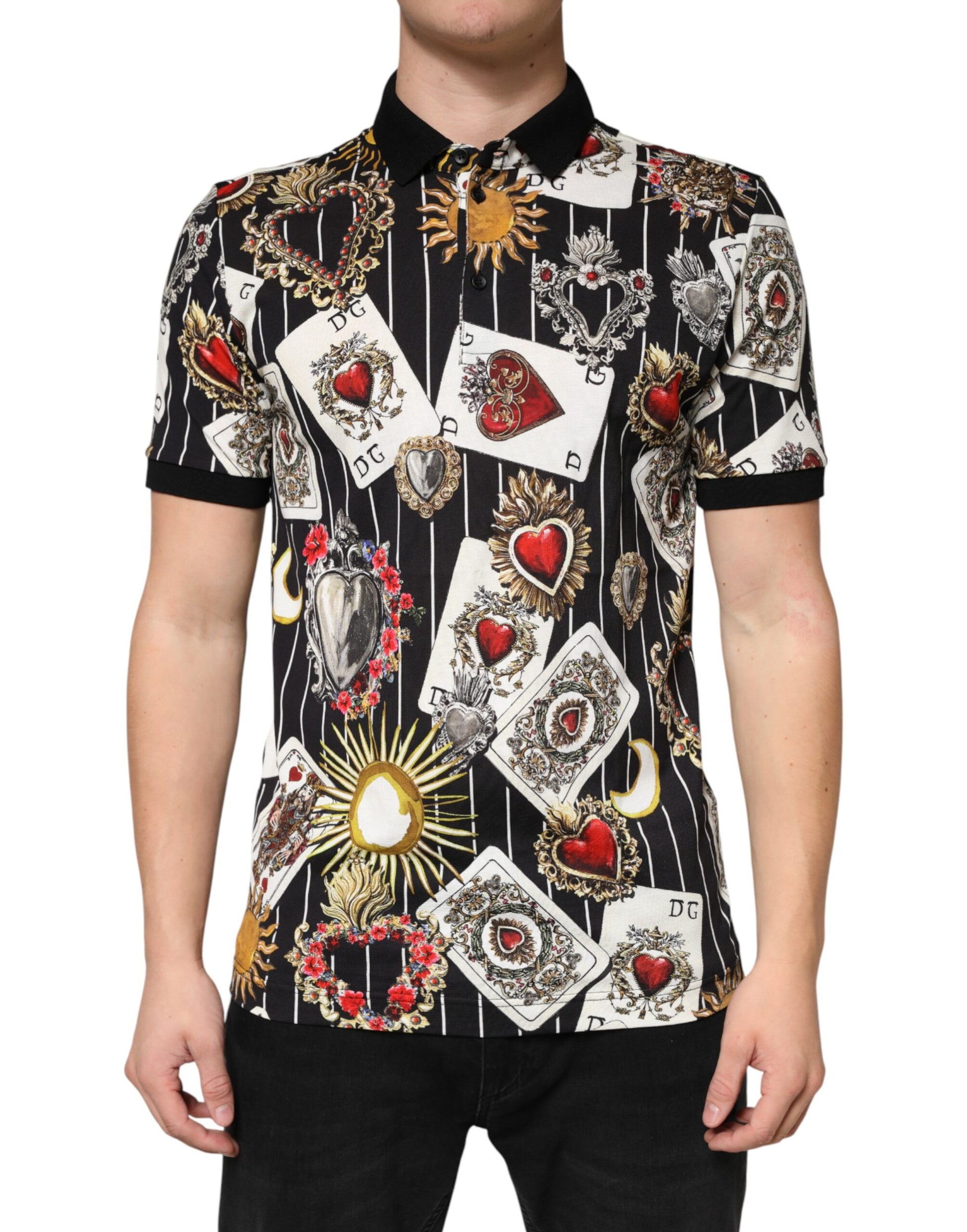 Black Card Heart Print Cotton Polo T-shirt
