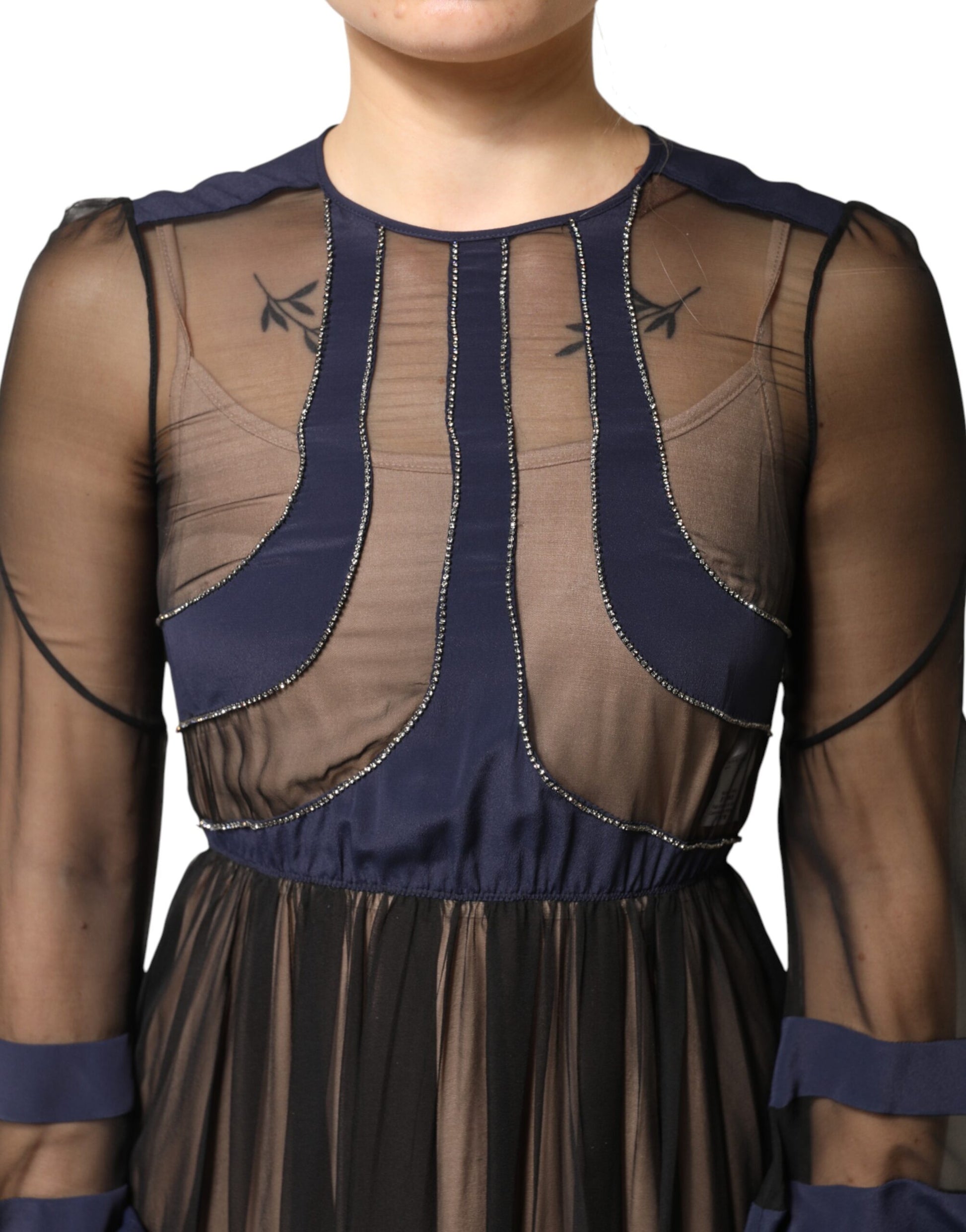 Blue Long Sleeves Sheer Silk Sheath A-line Midi Dress